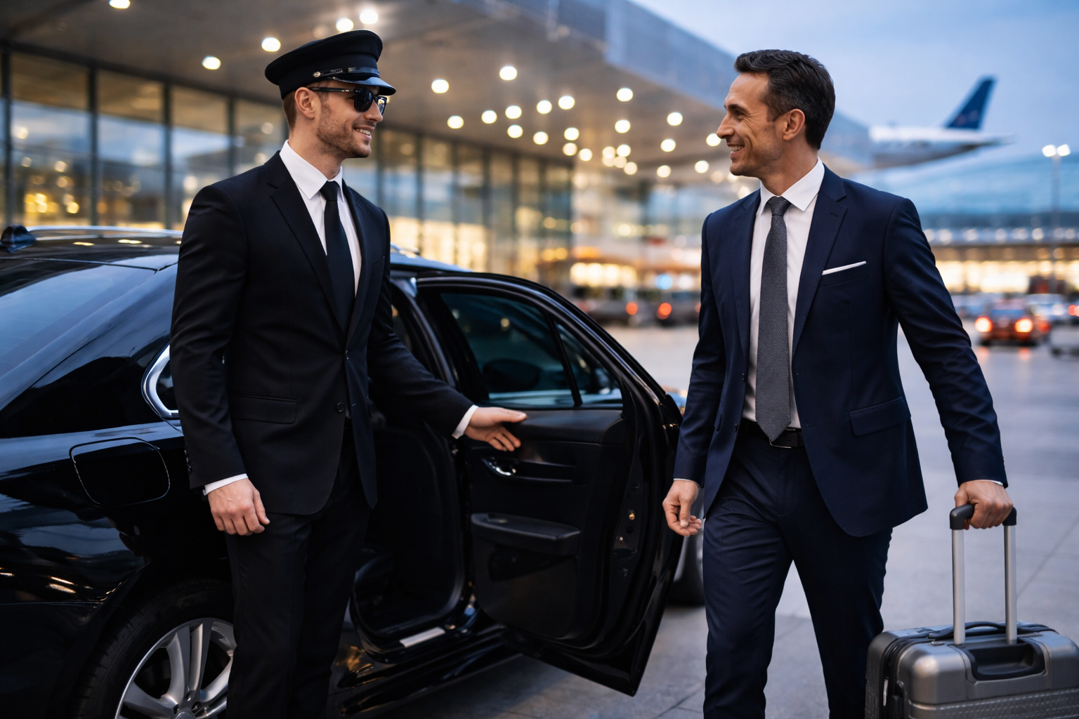 Professional chauffeur welcoming client for Sydney Airport luxury transfer