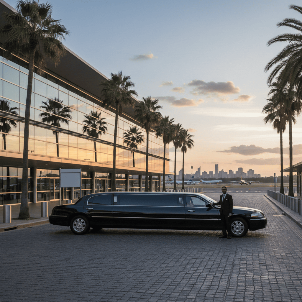 Airport Transfers Sydney Limousines luxury stretch limousine with professional chauffeur at airport terminal