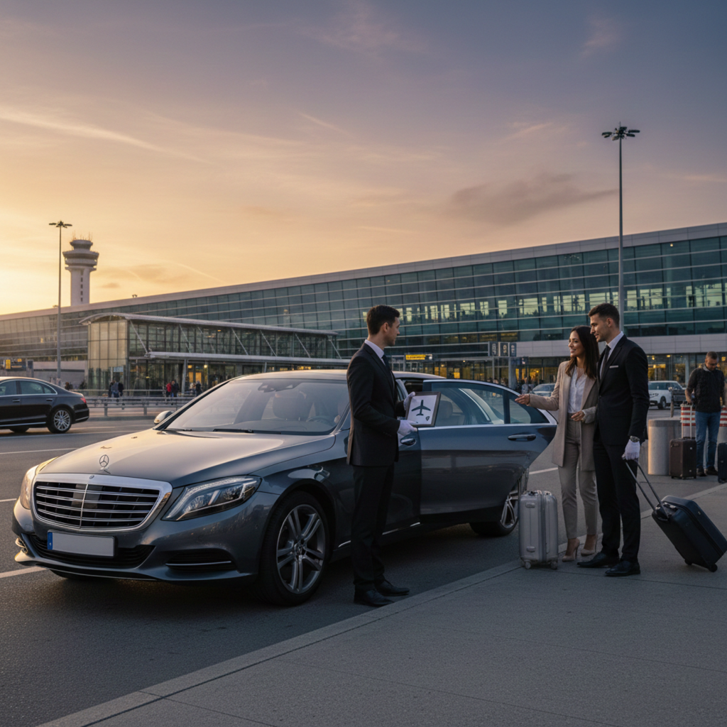 Airport Chauffeur Sydney Airport luxury sedan with professional driver assisting passengers at terminal