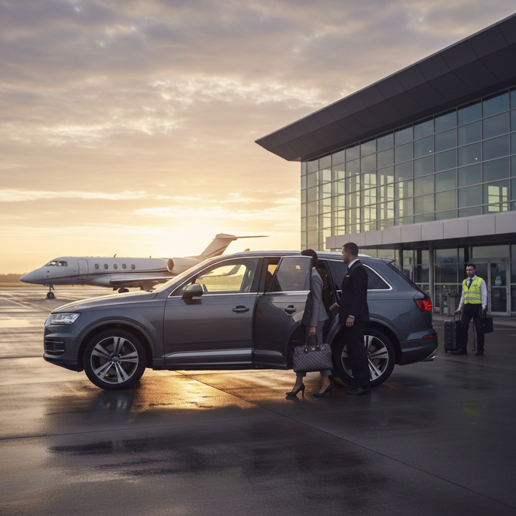Corporate Travel Sydney Airport executive chauffeur assisting business traveller at airport terminal