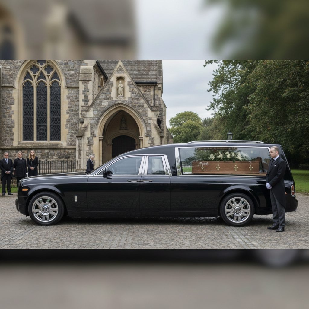 Funeral Cars Sydney luxury black hearse outside church for dignified funeral service