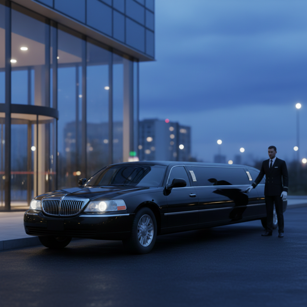 Professional chauffeur standing beside a luxury black stretch limousine at dusk, representing Limo Service Sydney.