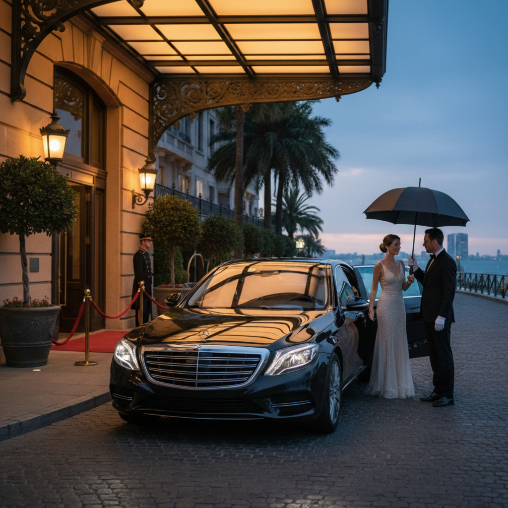 Luxury black sedan with chauffeur assisting a couple outside a grand hotel entrance, representing Sydney Chauffeur Service.